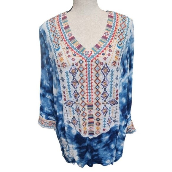 John Mark Tops - John Mark Embroidered Boho Blouse Size Medium Tie-Dye Flowy